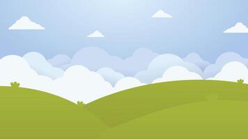 scenic cartoon background featuring a bright sky, fluffy clouds, and green hills, perfect for creative designs and nature-inspired projects. vector