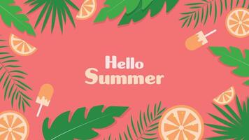 Bright summer background with tropical leaves, citrus slices, and popsicles on a coral backdrop. Perfect for seasonal designs, invitations, posters, banners, and digital projects. vector