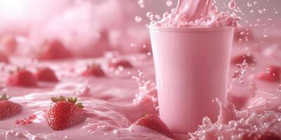 Fresh strawberry milkshake splashes in vibrant pink with strawberries scattered on creamy surface photo
