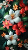 Colorful tropical flowers surrounded by lush green leaves in a vibrant arrangement photo
