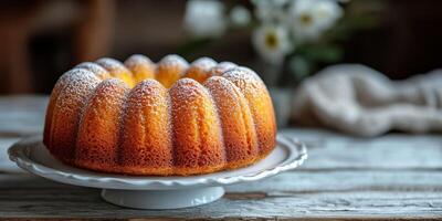 Delicious bundt cake displayed on a rustic table with delicate flowers in the background photo