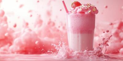 Strawberry milkshake splashes with whipped cream under a soft pink background highlighting playful textures and delightful colors photo