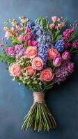 Colorful spring bouquet featuring roses, tulips, and mixed flowers arranged for a cheerful display photo