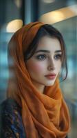 Beautiful portrait of a young woman wearing an orange scarf, gazing thoughtfully through a glass window in a modern setting photo