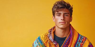 Young man wrapped in colorful blanket poses against a bright yellow wall during a sunny afternoon photo