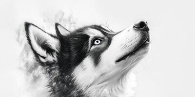 Detailed black and white sketch of a husky looking upwards in a creative artistic style photo
