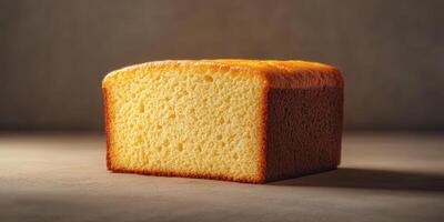 Freshly baked loaf of yellow cake placed on a rustic table in warm lighting showcasing its fluffy texture photo