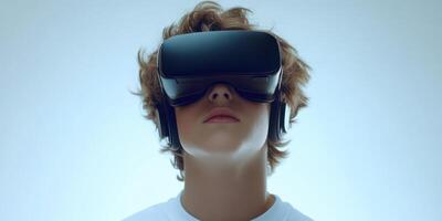 Young person engaged in immersive virtual reality experience indoors during the day photo