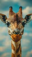 Giraffe portrait against a blue sky showing striking features and expressive eyes photo