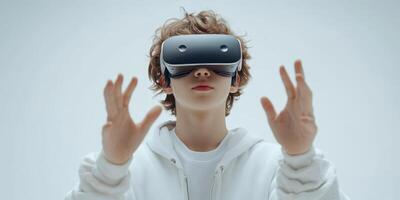 Young boy explores virtual reality experience while wearing headset indoors, showcasing modern technology and innovation photo