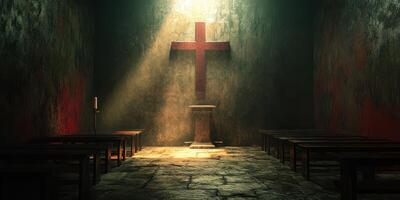Light shines through a dim church interior highlighting a red cross on the wall photo