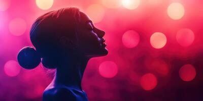 Silhouette of a woman in profile against vibrant colored lights at an evening event photo