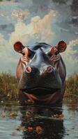 Hippopotamus emerges from water surrounded by grassland under a cloudy sky at dusk photo