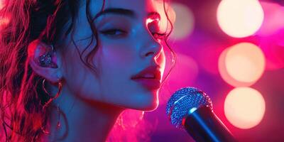 Singer performs passionately under vibrant lights during a lively music event in a city club at night photo