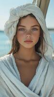 Young woman with a head wrap poses by the water in bright sunlight during a peaceful afternoon photo