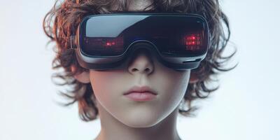 Child explores virtual reality with high-tech goggles in a futuristic setting during daylight hours photo