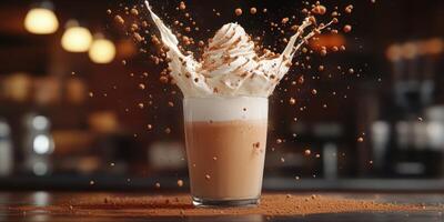 Creamy beverage splashes delightfully as whipped topping creates a beautiful mess in a cozy cafe setting photo