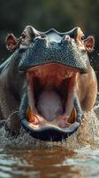 Giant hippo displays powerful jaws while swimming in a river during golden hour in the wild photo