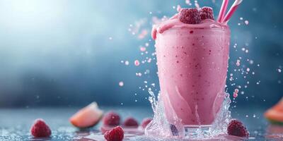 Refreshing raspberry smoothie splashes in a glass with vibrant colors and dynamic composition photo