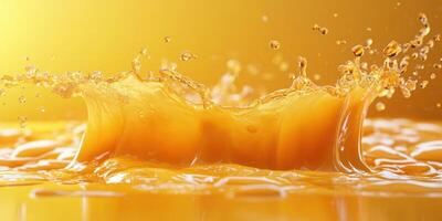 Bright yellow liquid splashes dynamically against a golden background during a creative visual experiment photo