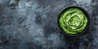 Fresh green dip served in a black bowl on a textured dark surface enhancing the vibrant color of the ingredients photo