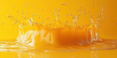 Splashing orange liquid creates dynamic patterns against a vibrant yellow backdrop photo