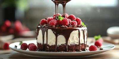 Chocolate raspberry cake with cascading ganache and fresh berries on a white plate photo