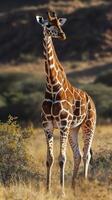 Giraffe standing tall in golden grassland during early morning light in a vibrant savannah environment photo