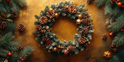 Festive Christmas wreath decorated with pine cones and ornaments on a golden background photo
