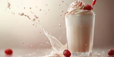 Creamy milkshake with whipped topping and raspberries splashing on rustic background photo