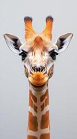 Curious giraffe with striking features gazing intently into the camera at a wildlife sanctuary photo