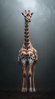 Striking giraffe stands tall in a misty forest during early morning hours photo