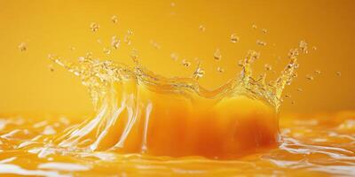 Bright orange liquid creates dynamic splash against a vivid yellow background during midday photo
