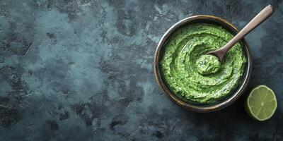 Fresh green sauce with herbs and lime placed on a dark textured surface ready for serving photo