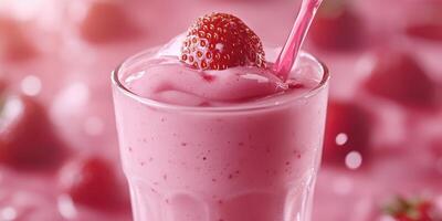 Fresh strawberry smoothie with creamy texture and bright color served in a clear glass filled with fruit photo