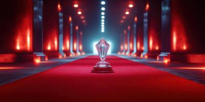 Elegant crystal trophy displayed on a red carpet in a grand hallway illuminated by lights photo