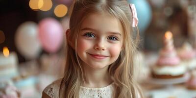 Smiling young girl celebrates her birthday surrounded by colorful decorations and treats in a cozy setting photo