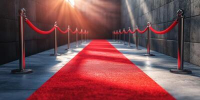 Red carpet leading to an entrance with stanchions and dramatic lighting highlighting the luxurious atmosphere photo