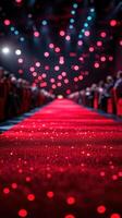 Elegant red carpet with sparkling details leading to a spotlight in a vibrant event venue photo