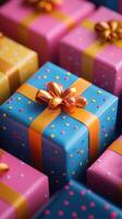 Colorful wrapped gifts display an array of vibrant designs for a festive celebration event photo