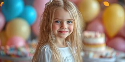 Smiling girl at a festive birthday celebration with colorful balloons and a cake in the background photo