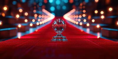 Red carpet event showcasing a glimmering award on an elegantly lit stage with a vibrant atmosphere photo
