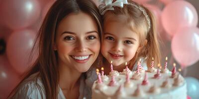 Joyful mother and daughter celebrate a birthday together with a cake and balloons in a vibrant indoor setting photo