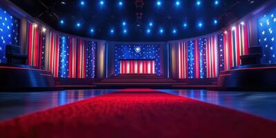 Brightly lit stage setup featuring red carpet and starry backdrop in preparation for a political event or talk show photo