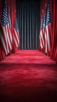 Red carpet set up with American flags for an upcoming event in a formal venue photo