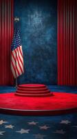 Red carpet stage with American flag and blue backdrop ready for an election event or political speech photo