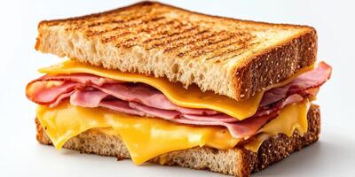 Delicious grilled cheese sandwich with layers of ham and cheddar on toasted whole grain bread photo