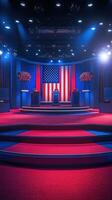 Debate stage adorned with American flag and vibrant decorations ready for upcoming political event photo