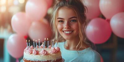 Young woman celebrates birthday with cake and balloons in a festive setting full of joy and cheer photo