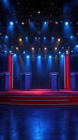 Brightly lit stage setup ready for an exciting competition event in a theater setting photo